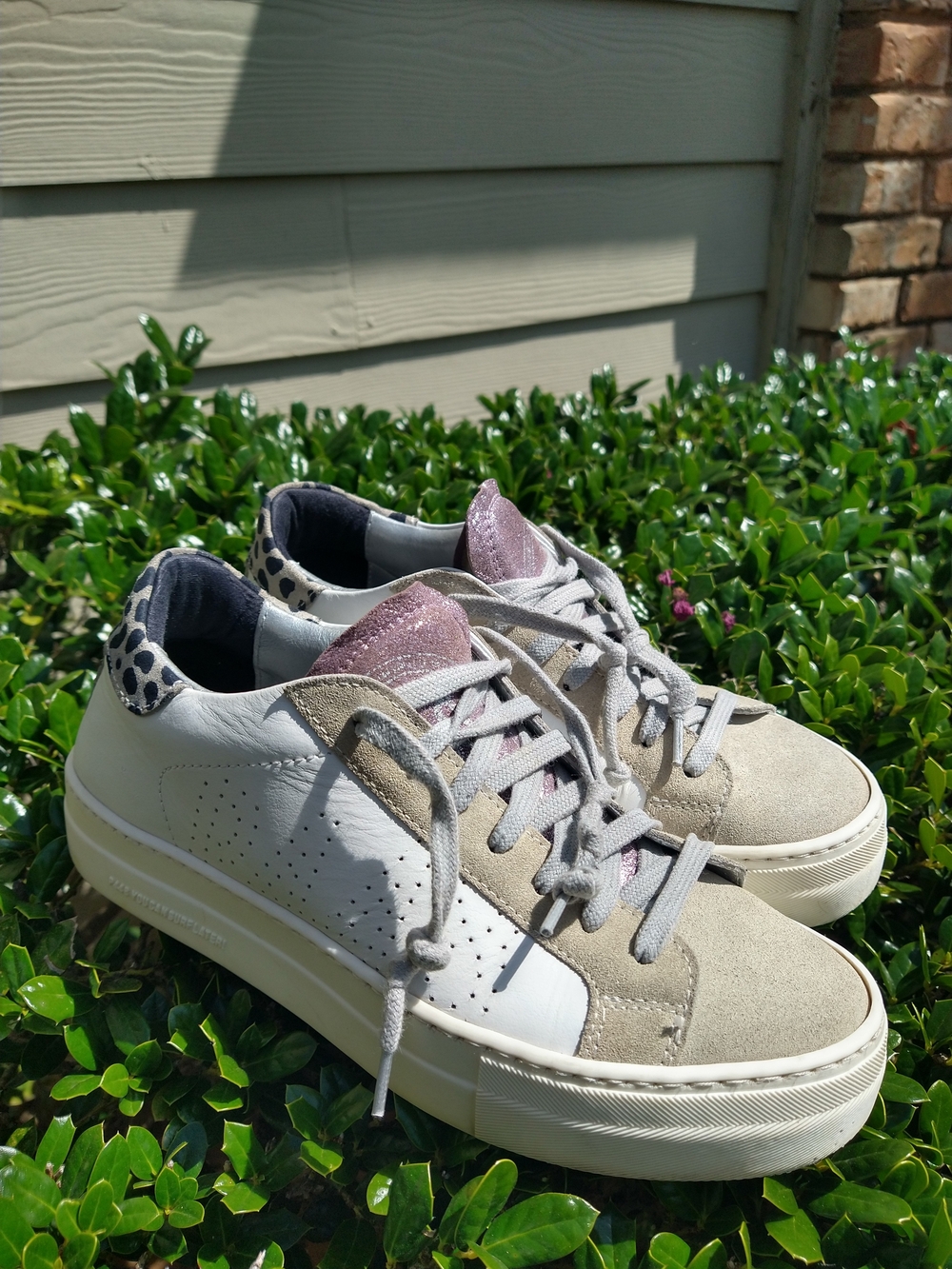 P448 Women’s White Leather & Taupe Suede Sneakers with Pink Metallic Tongue